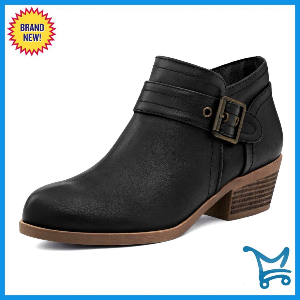 Women's Ankle Boots Chunky Stacked Heel Round Toe Side Zipper Comfortable